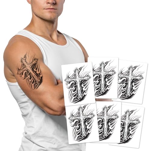 6Sheet Arm Temporary Tattoos with Mysterious Cross Waterproof Fake Tattoo Stickers for Men Arm Body Chest Art Long Lasting Realistic