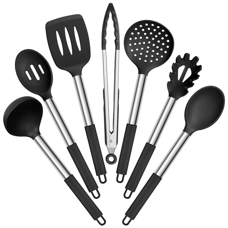 E-far Efar Silicone Cooking Utensils Set 7 Pcs Heat Resistant Kitchen Utensils with Stainless Steel Handle Slotted Turner Spoon Soup Ladle Pasta Server Skimmer Tongs for Nonstick Cookware Black 