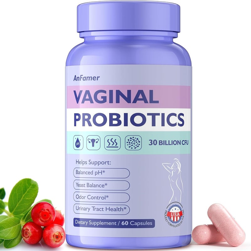 AnFamer Vaginal Probiotics for Women FemalePromotes Ph BalanceHealthy Vaginal Odor  FloraUrinary Tract Health with Prebiotics  Lactobacillus Probiotic Blend 30 Billion CFU60 Capsules - Image 1