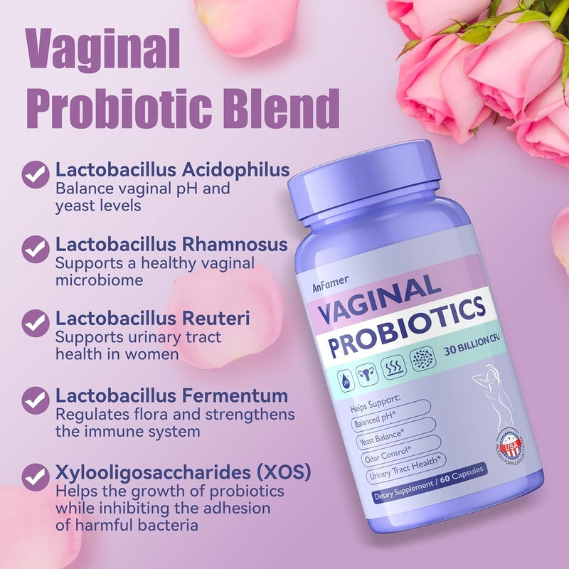 AnFamer Vaginal Probiotics for Women FemalePromotes Ph BalanceHealthy Vaginal Odor  FloraUrinary Tract Health with Prebiotics  Lactobacillus Probiotic Blend 30 Billion CFU60 Capsules - Image 4