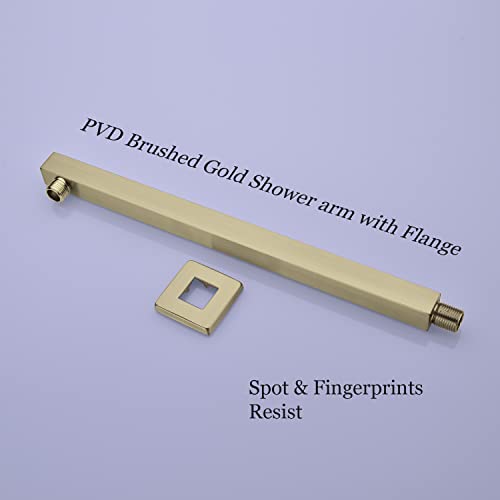 TRUSTMI Square Shower Arm with Flange in Brushed Brass 16 Inch Wall Mounted Rainfall Shower Head Extension Arm, Stainless Steel, Brushed Gold - Image 4