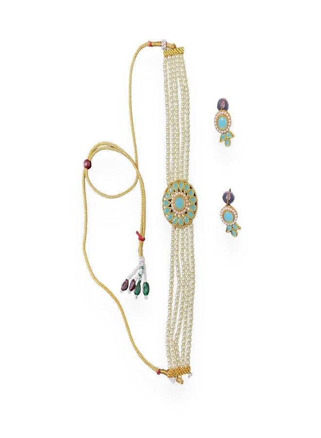 طقم عقد تشوكر من اللؤلؤ من AAIKU للنساء والفتيات - قلادة كوندان مطلية بالذهب مع أقراط متناسقة | مجوهرات هندية تقليدية لحفلات الزفاف والمناسبات (أزرق فيروزي) - Image 1