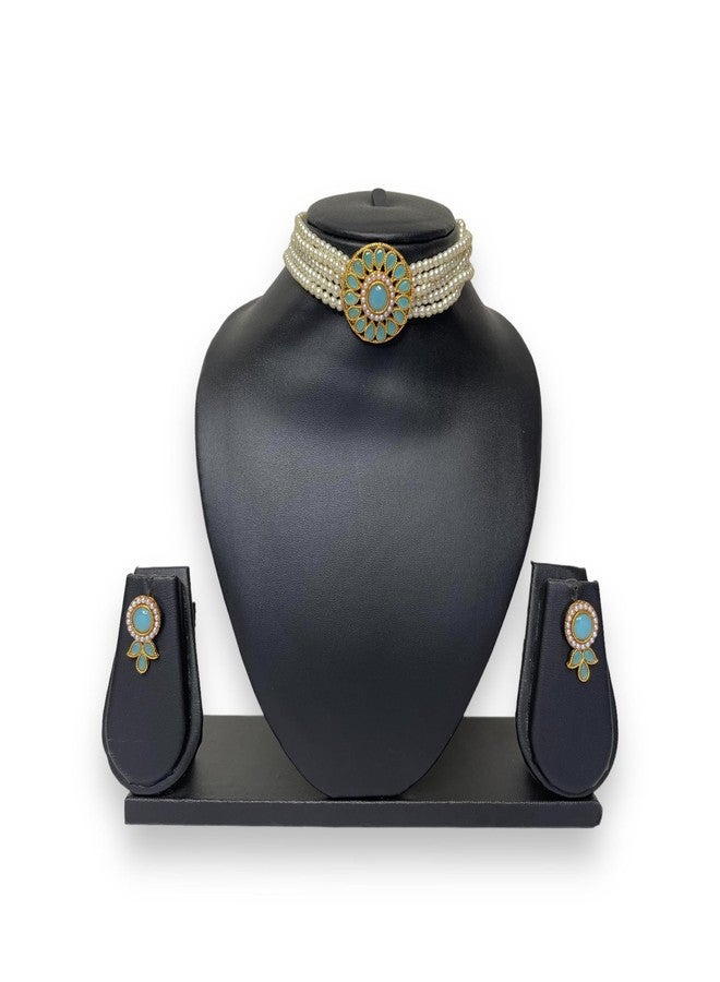 طقم عقد تشوكر من اللؤلؤ من AAIKU للنساء والفتيات - قلادة كوندان مطلية بالذهب مع أقراط متناسقة | مجوهرات هندية تقليدية لحفلات الزفاف والمناسبات (أزرق فيروزي) - Image 2