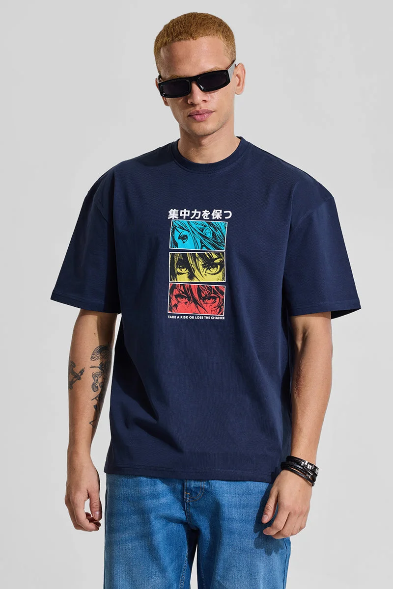 سنيتش Navy Graphic Half Sleeve Oversized Streetwear T-Shirt