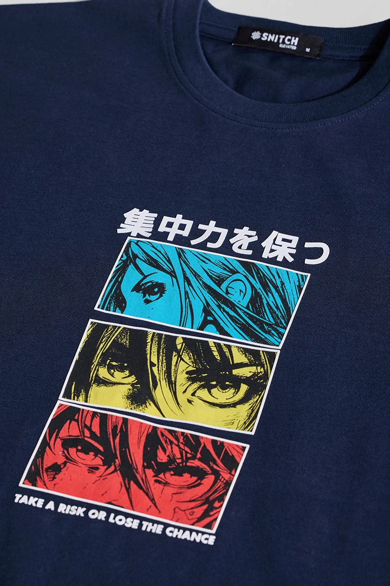 سنيتش Navy Graphic Half Sleeve Oversized Streetwear T-Shirt