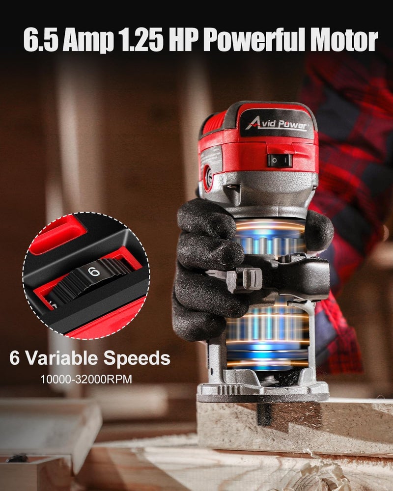 AVID POWER 6.5 Amp 1.25 HP Compact Router Tools for Woodworking, Fixed Base Wood Router with Trim Router Bits, 6 Variable Speeds, Edge Guide, Roller Guide, Dust Hood (Red, 65mm) - Image 2