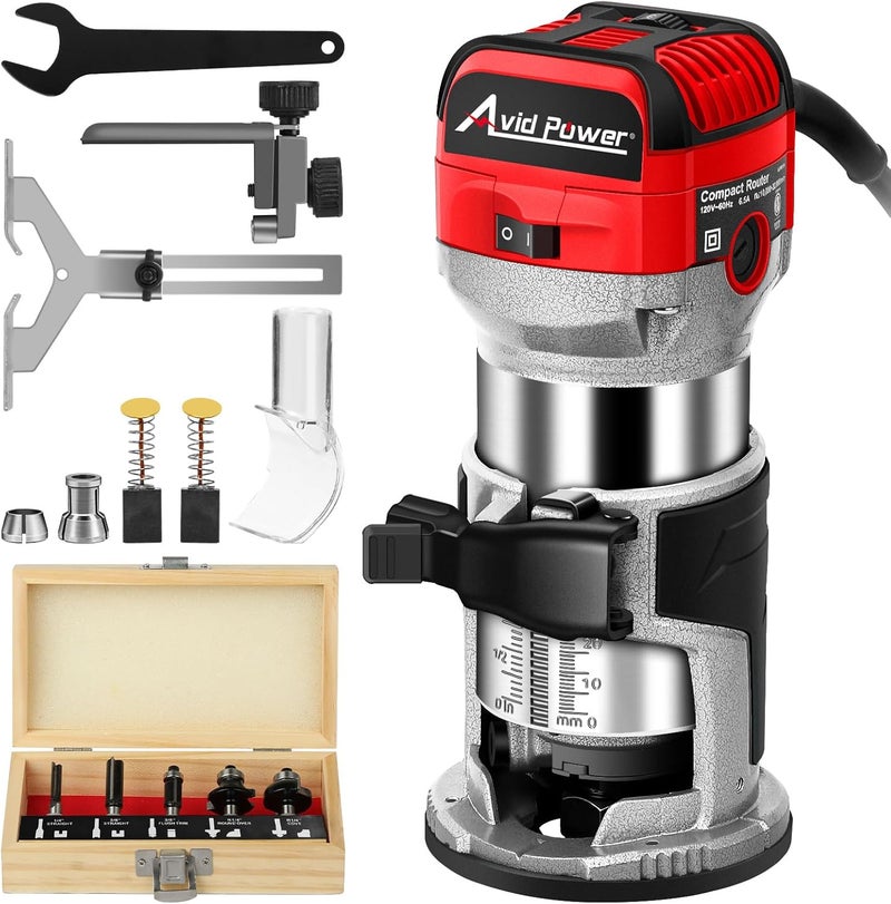 AVID POWER 6.5 Amp 1.25 HP Compact Router Tools for Woodworking, Fixed Base Wood Router with Trim Router Bits, 6 Variable Speeds, Edge Guide, Roller Guide, Dust Hood (Red, 65mm) - Image 1