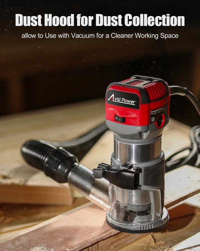 AVID POWER 6.5 Amp 1.25 HP Compact Router Tools for Woodworking, Fixed Base Wood Router with Trim Router Bits, 6 Variable Speeds, Edge Guide, Roller Guide, Dust Hood (Red, 65mm) - Image 5