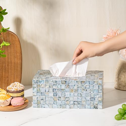 PEMAR Rectangular Mother of Pearl Tissue Box Capiz Shell Handmade Rectangle Tissue Box Cover Holder Decorative Napkin Dispenser Organizer Rustic Farmhouse Vintage Decor (Blue) - Image 4