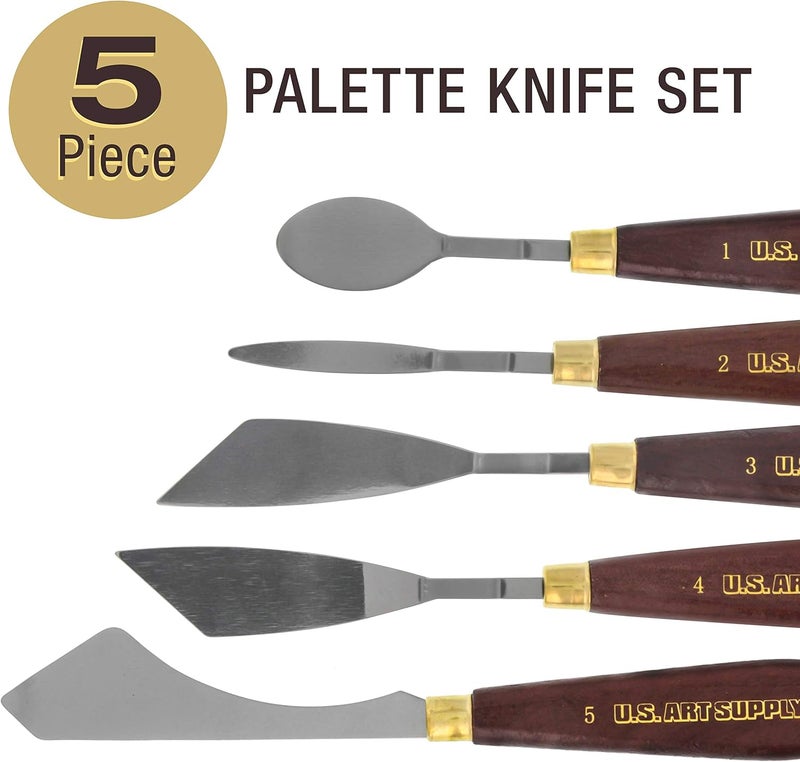 US Art Supply 5-Piece Artist Stainless Steel Palette Knife Set - Wood Hande Flexible Spatula Painting Knives for Color Mixing Spreading, Applying Oil, Acrylic Paint on Canvas - Image 2