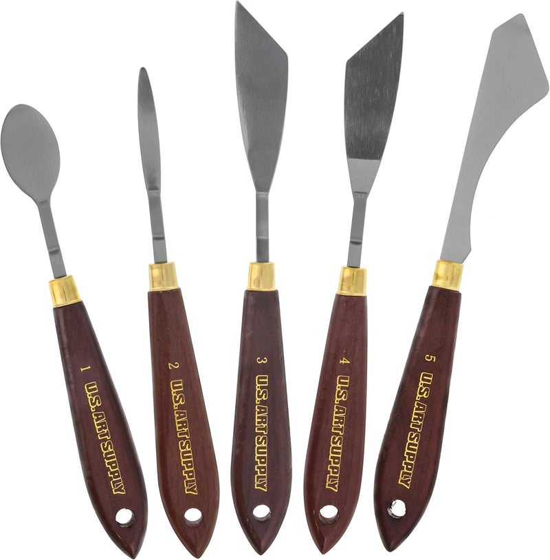US Art Supply 5-Piece Artist Stainless Steel Palette Knife Set - Wood Hande Flexible Spatula Painting Knives for Color Mixing Spreading, Applying Oil, Acrylic Paint on Canvas - Image 1