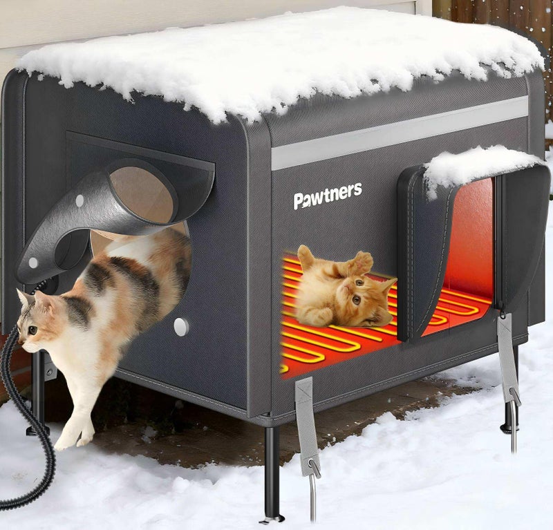 Pawtners Heated Outdoor Cat House for Outside Cats, 19'' Large Insulated Weatherproof Cat Shelter with Heated Pad, Elevated Feet & Escape Door, Warm Kitty House for Feral or Stray Cats in Winter