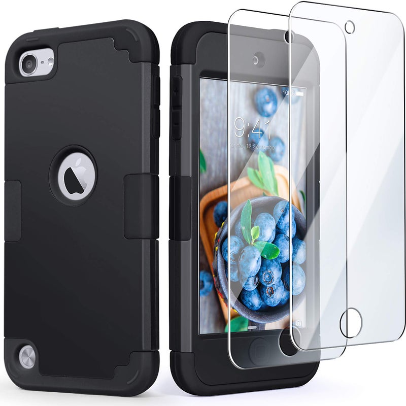 IDweel for iPod Touch Case with 2 Screen Protectors, 3 in 1 Hard PC Case + Silicone Shockproof for Kids Heavy Duty Hard Case Cover for iPod Touch 7th/6th/5th Generation,Black - Image 1