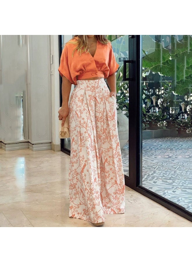 general 2025-2026 Women's set loose large size casual printed shirt solid color wide leg pants two-piece set - Image 1