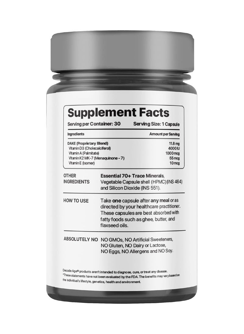 Decode Age DAKE Multivitamin D3, K2 (MK-7), A & E - 30 Capsules - Vegetarian Supplement for Adult Bone Health Support - Synergistic Formula for Healthy Ageing  - Image 2
