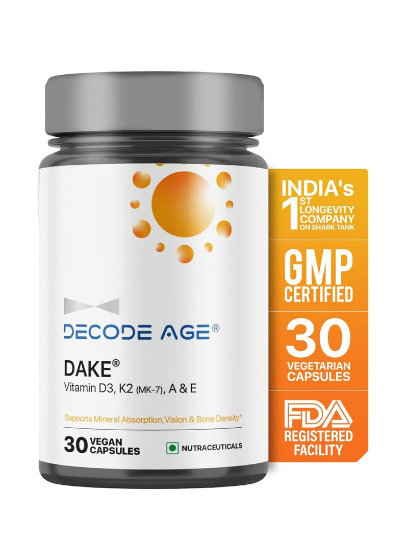 Decode Age DAKE Multivitamin D3, K2 (MK-7), A & E - 30 Capsules - Vegetarian Supplement for Adult Bone Health Support - Synergistic Formula for Healthy Ageing  - Image 1
