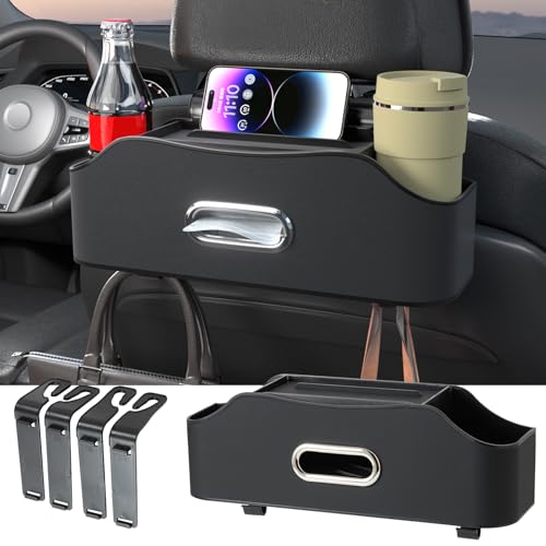 Sancaral Back Seat Cup Holder for Car – Multifunctional Seat Back Organizer with Drink Holders, Tissue Box Storage & Hooks, Fits Headrest for Auto. Black - Image 1