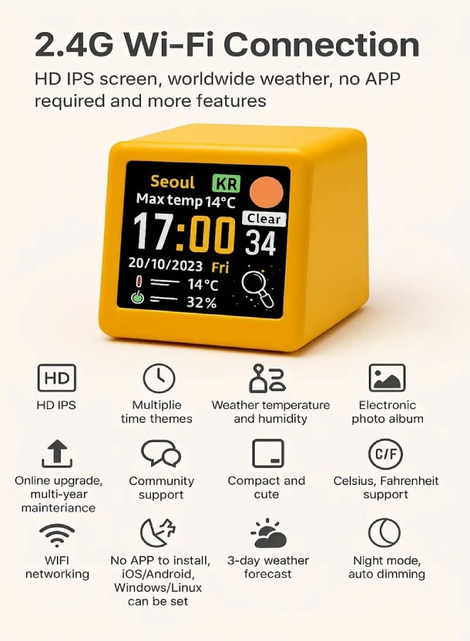 AROAQ Smart WiFi Weather Station Clock – Digital Square Display with Temperature, Humidity, Date, USB Power, DIY GIFs & Electronic Album | Modern Home & Office Desktop Clock - Image 2