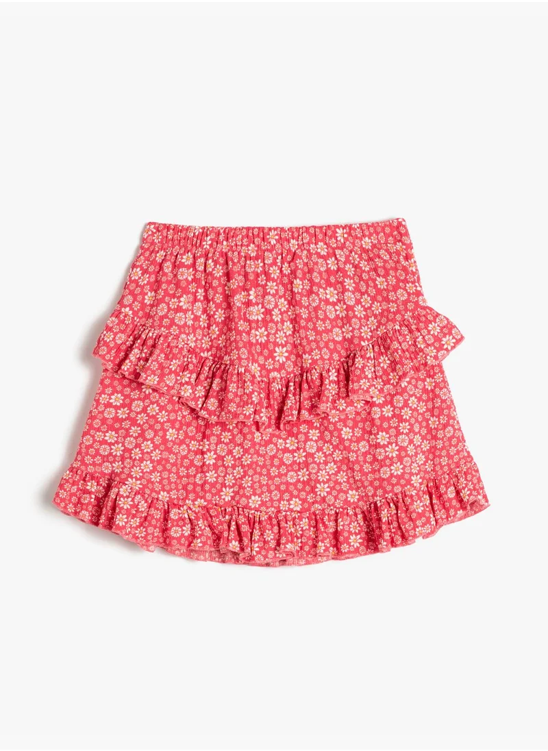 KOTON Flower Printed Skirt Ruffle Tiered Elastic Waistband