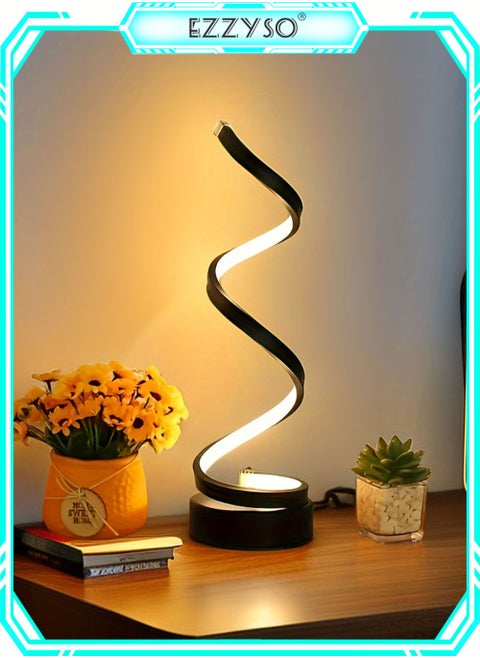Classic Spiral Led Table Lamp, 3-Color Temperature Dimmable Metal Bedside Lamp with Touch Controller, Home Living Room and Office USB Charging Decorative Light Modern Table Light Black