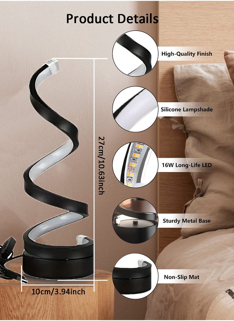 Classic Spiral Led Table Lamp, 3-Color Temperature Dimmable Metal Bedside Lamp with Touch Controller, Home Living Room and Office USB Charging Decorative Light Modern Table Light Black