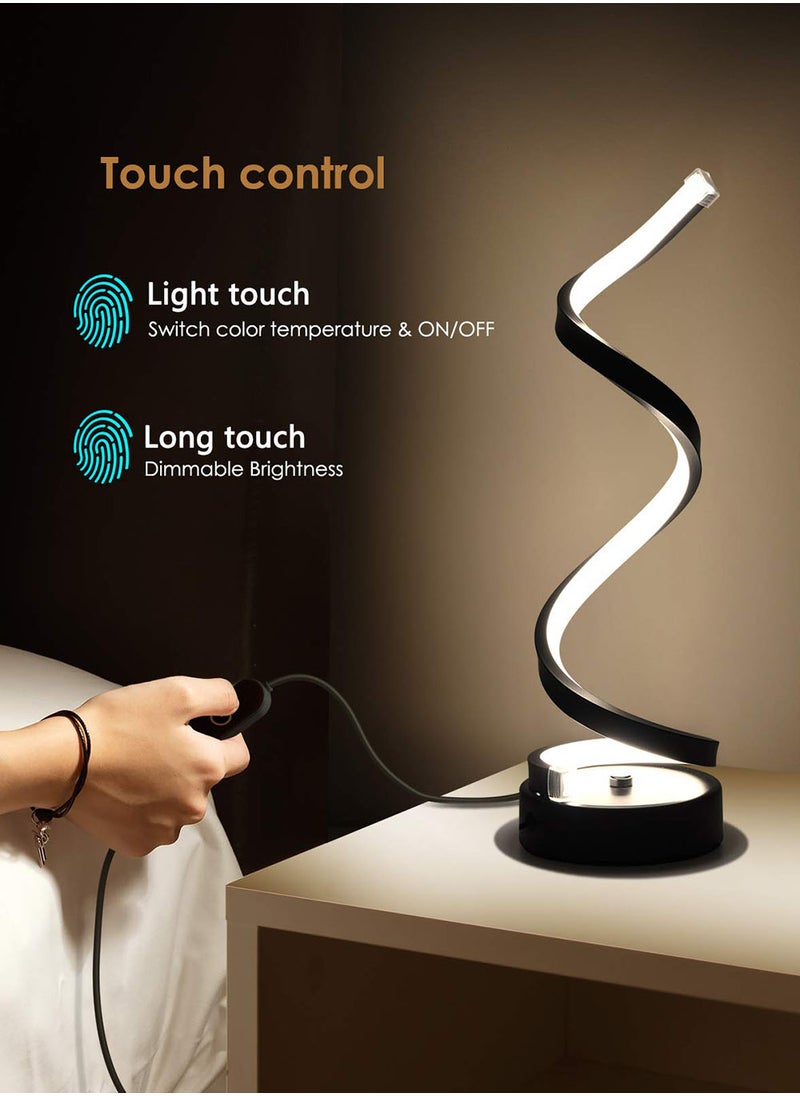 Classic Spiral Led Table Lamp, 3-Color Temperature Dimmable Metal Bedside Lamp with Touch Controller, Home Living Room and Office USB Charging Decorative Light Modern Table Light Black