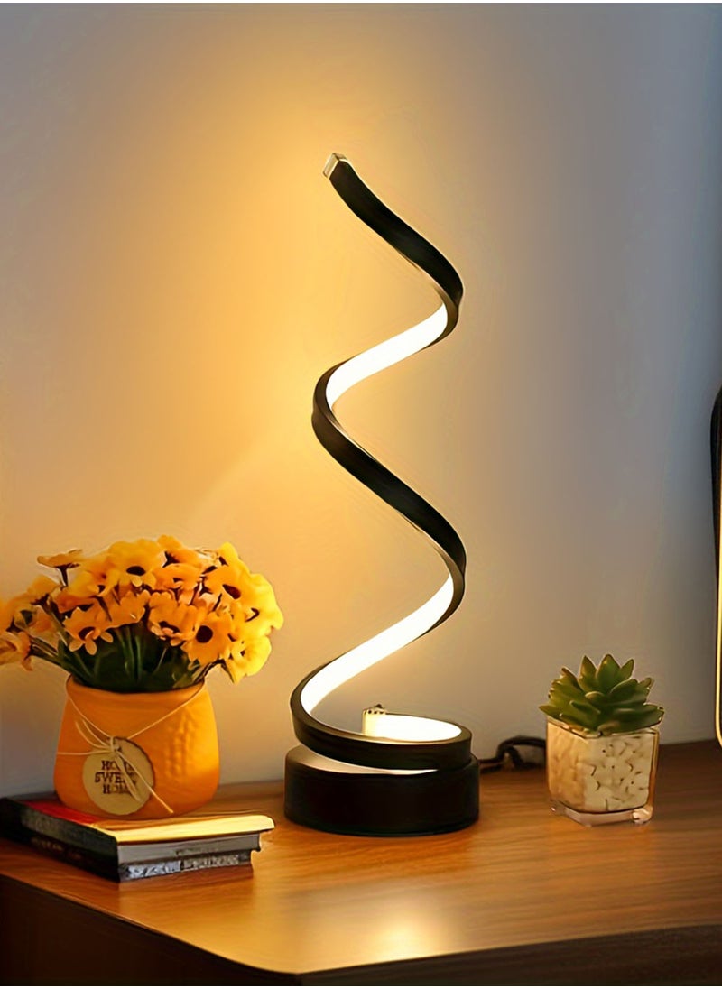 Classic Spiral Led Table Lamp, 3-Color Temperature Dimmable Metal Bedside Lamp with Touch Controller, Home Living Room and Office USB Charging Decorative Light Modern Table Light Black