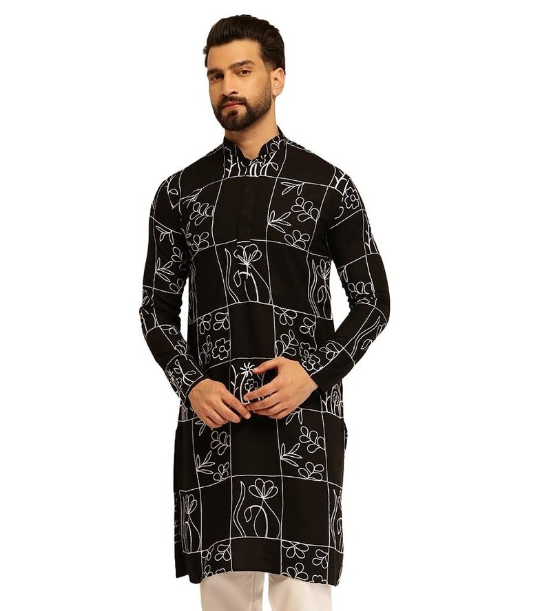 SOJANYA (Since 1958 Men's Cotton Silk Black Long Kurta with Floral Embroidery - Image 1