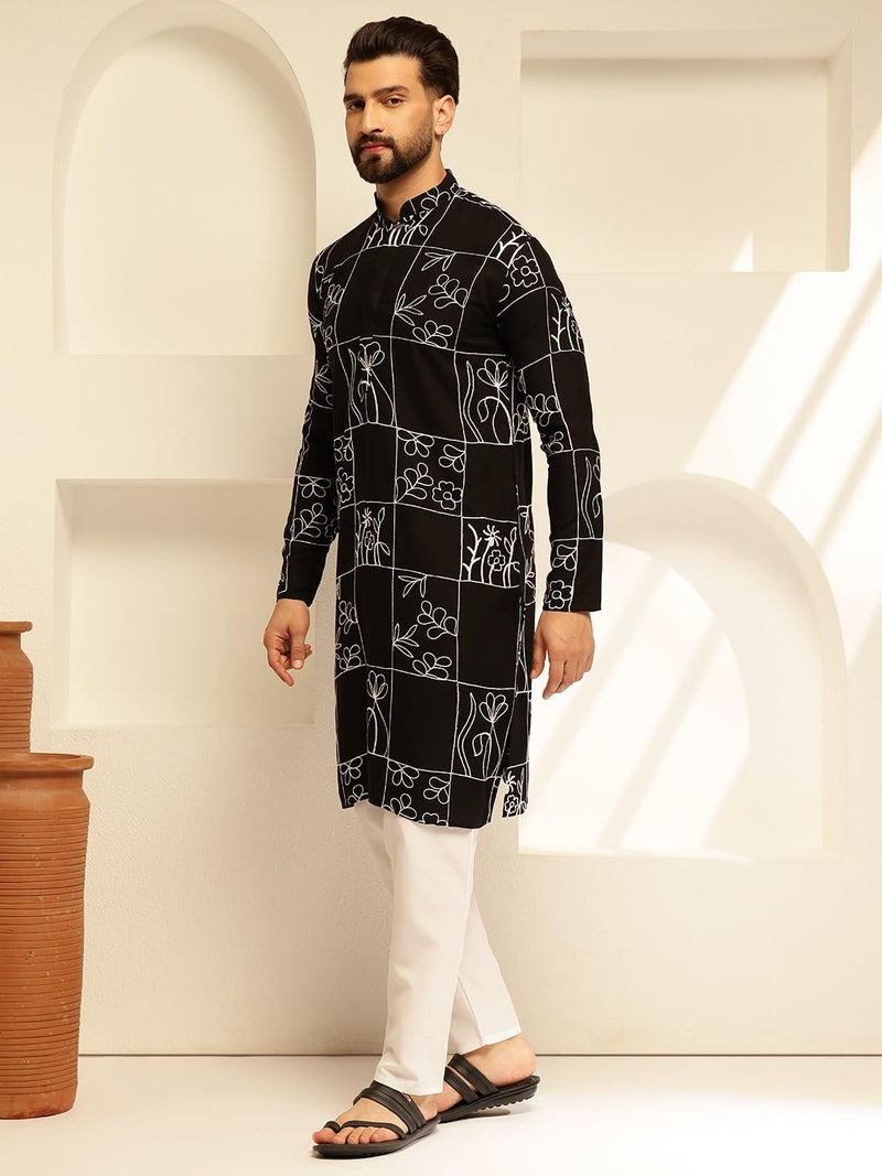 SOJANYA (Since 1958 Men's Cotton Silk Black Long Kurta with Floral Embroidery - Image 3
