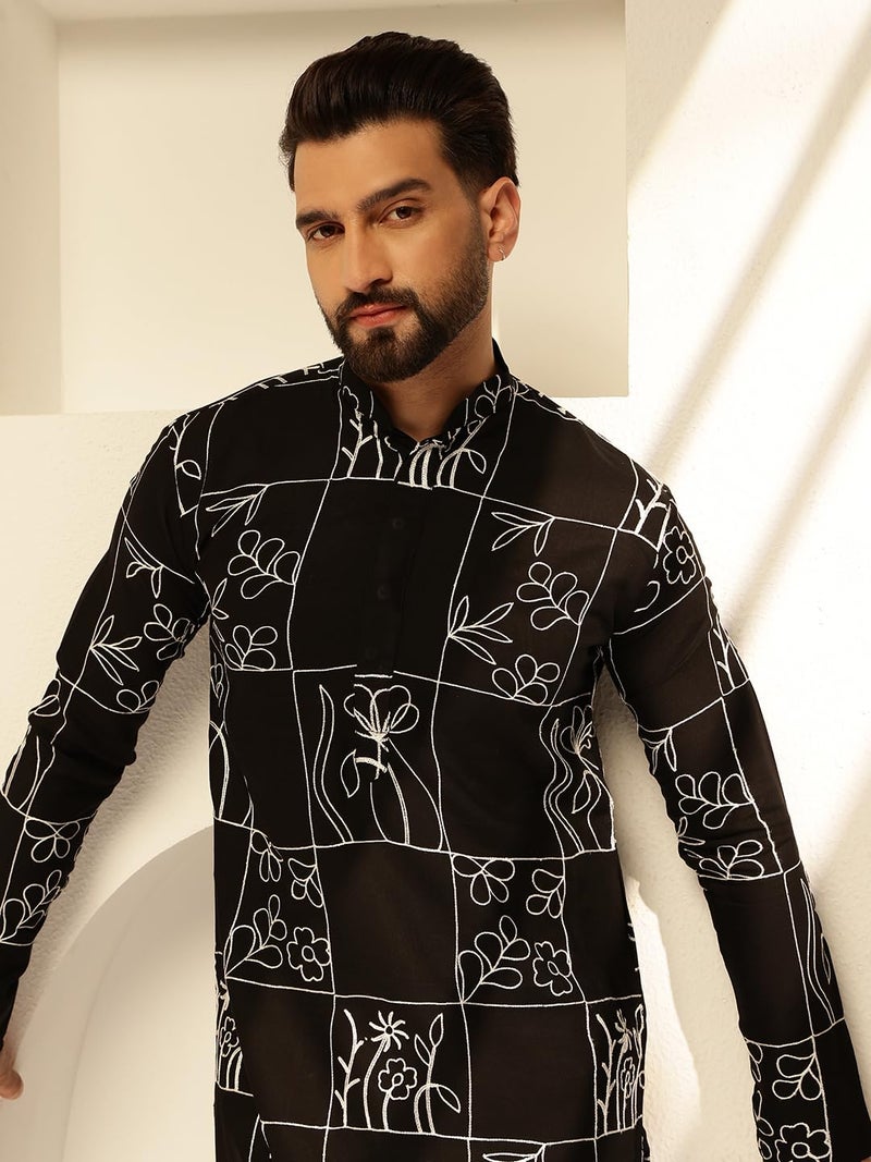 SOJANYA (Since 1958 Men's Cotton Silk Black Long Kurta with Floral Embroidery - Image 2