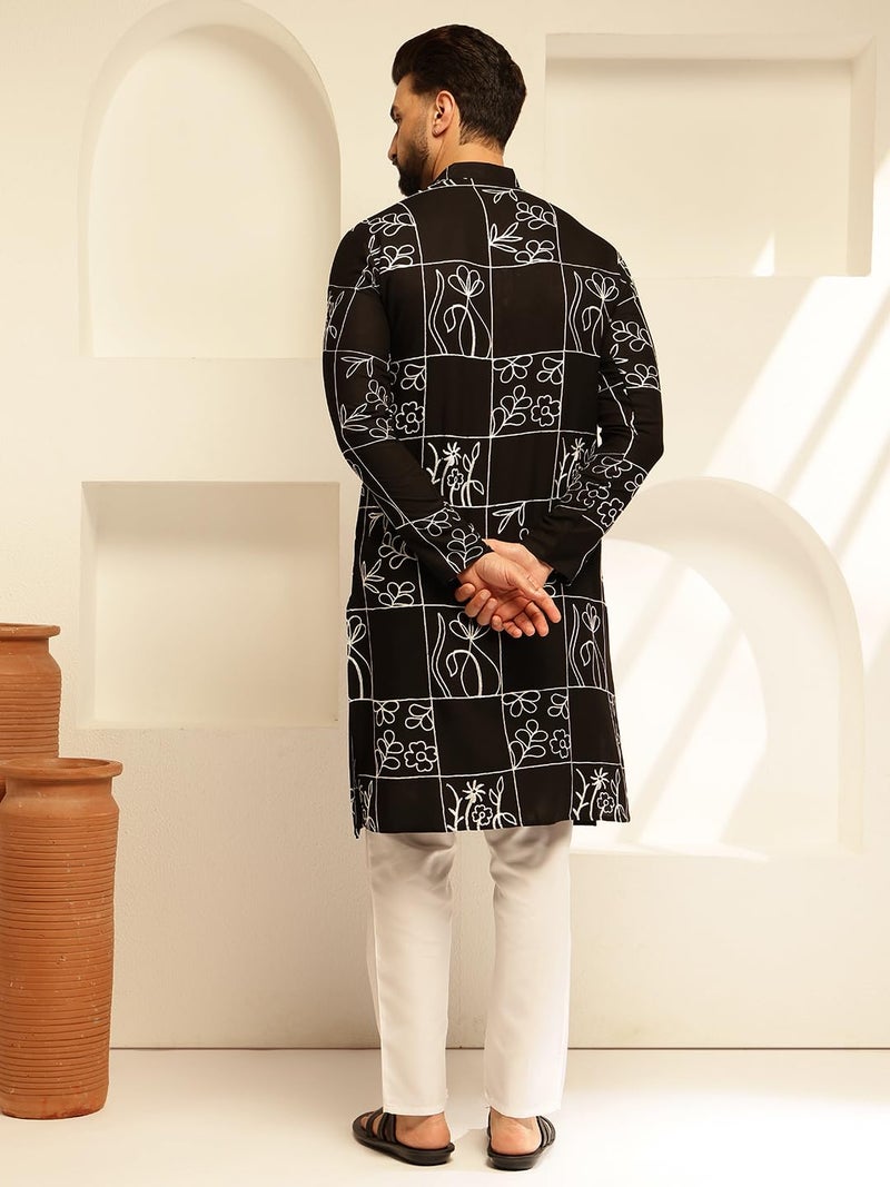 SOJANYA (Since 1958 Men's Cotton Silk Black Long Kurta with Floral Embroidery - Image 4