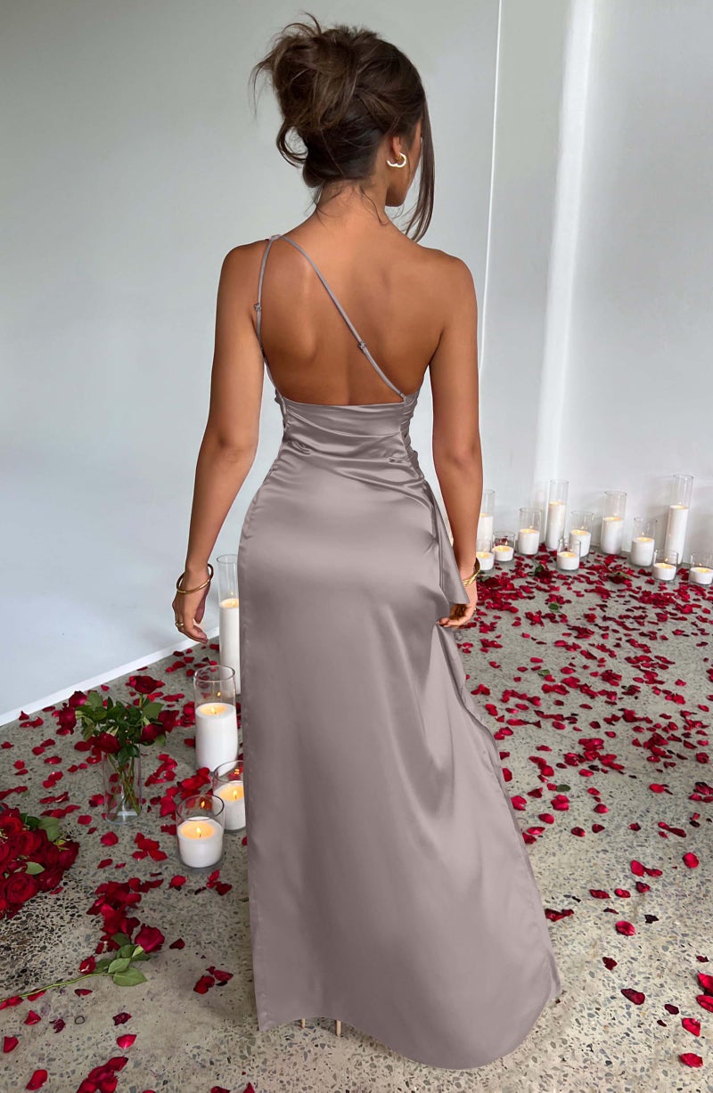 Memoriesea Women's Sexy One Shoulder Satin High Split Cocktail Wedding Party Maxi Dress Shallow Apricot - Image 5