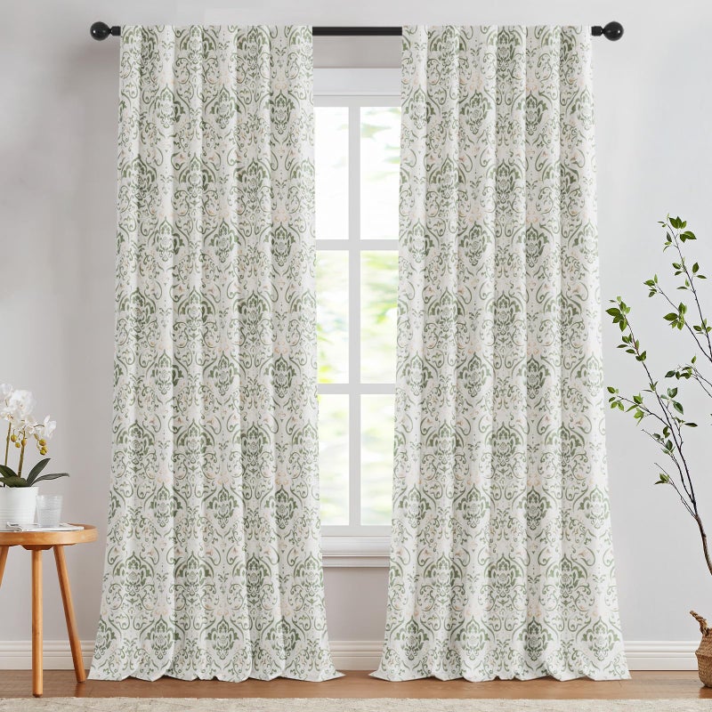 Lazzzy Sage Damask Blackout Curtains 96 Inches Long for Bedroom Living Room, Green Floral Printed Thermal Insulated Window Treatments, Back Tab Noise Reducing Room Darkening Drapes, 2 Panels - Image 2