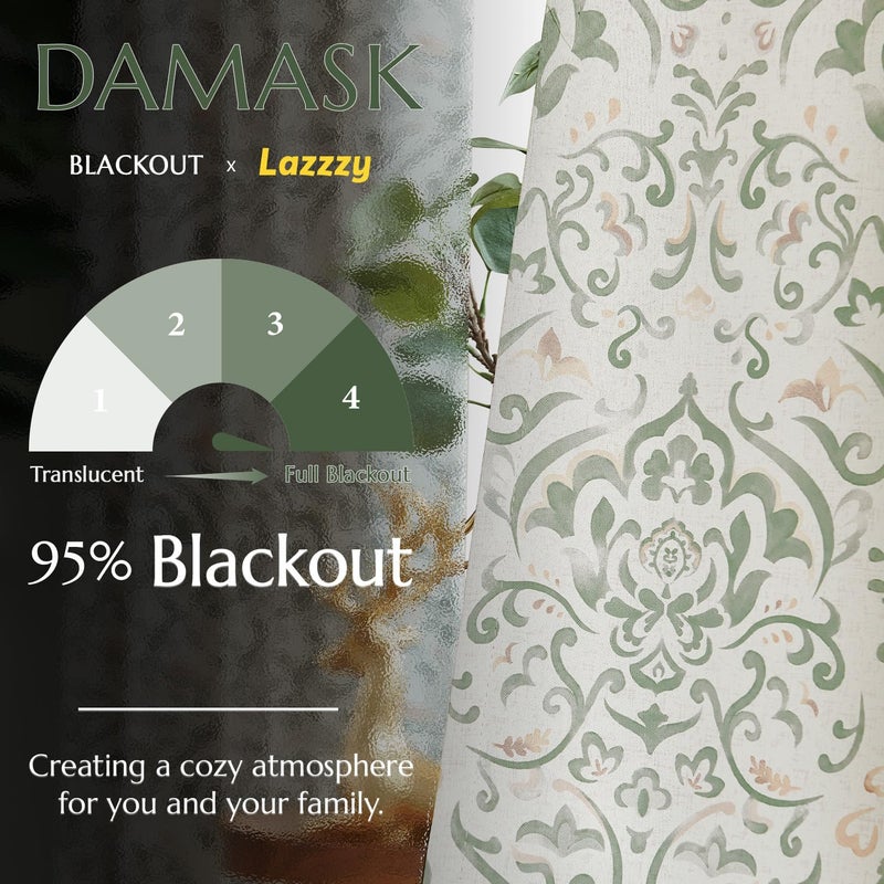 Lazzzy Sage Damask Blackout Curtains 96 Inches Long for Bedroom Living Room, Green Floral Printed Thermal Insulated Window Treatments, Back Tab Noise Reducing Room Darkening Drapes, 2 Panels - Image 4