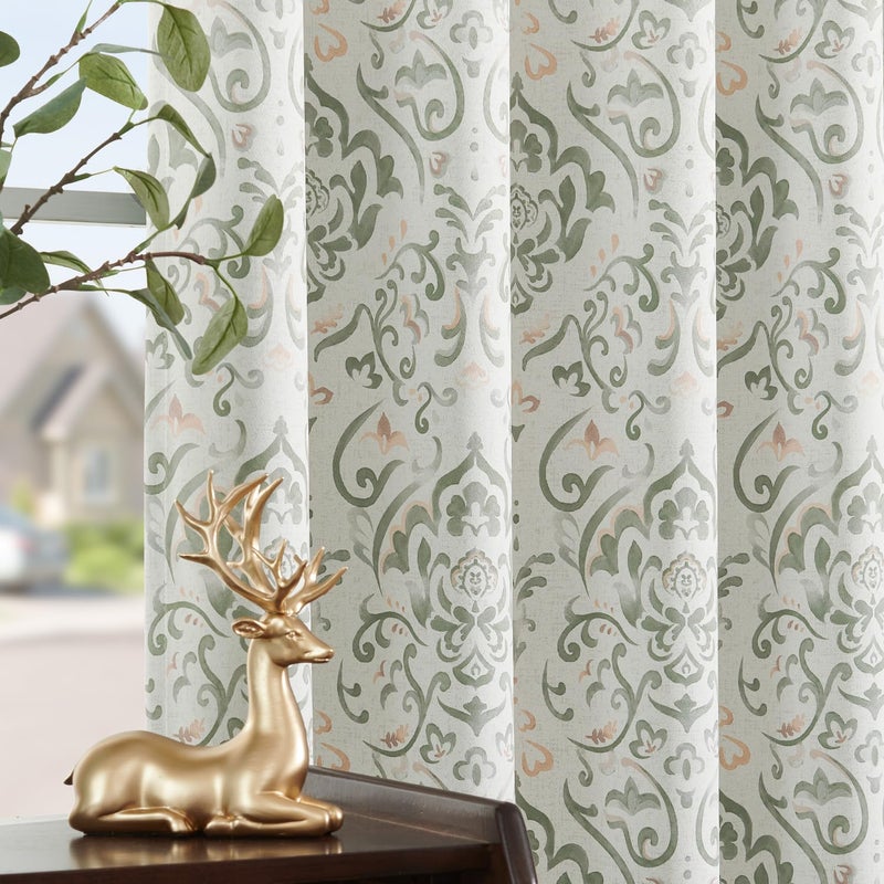 Lazzzy Sage Damask Blackout Curtains 96 Inches Long for Bedroom Living Room, Green Floral Printed Thermal Insulated Window Treatments, Back Tab Noise Reducing Room Darkening Drapes, 2 Panels - Image 1