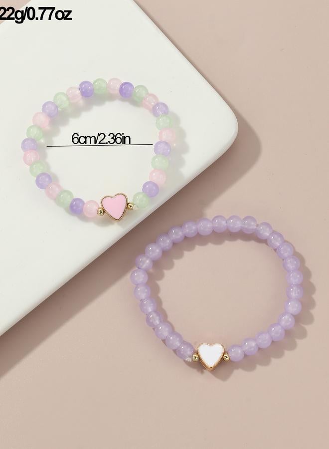 Take Two Pack of 2 - Girls Multi-Color Pastel Beaded Bracelets With Heart Charms - Image 4