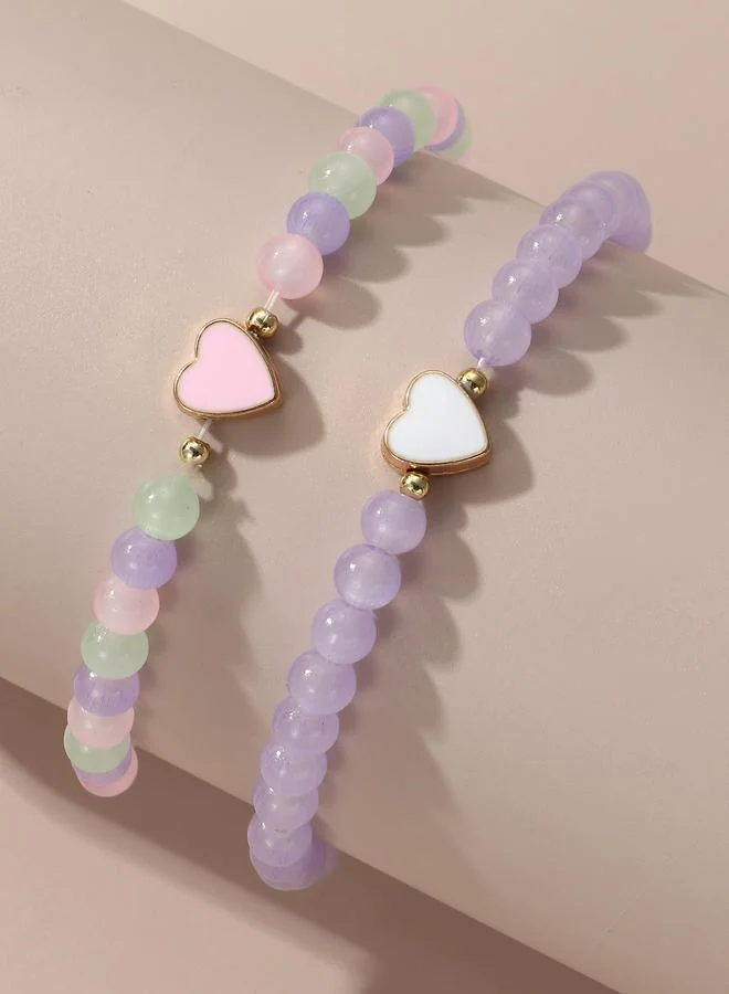 Pack of 2 - Girls Multi-Color Pastel Beaded Bracelets With Heart Charms