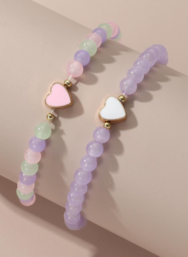 Take Two Pack of 2 - Girls Multi-Color Pastel Beaded Bracelets With Heart Charms - Image 1