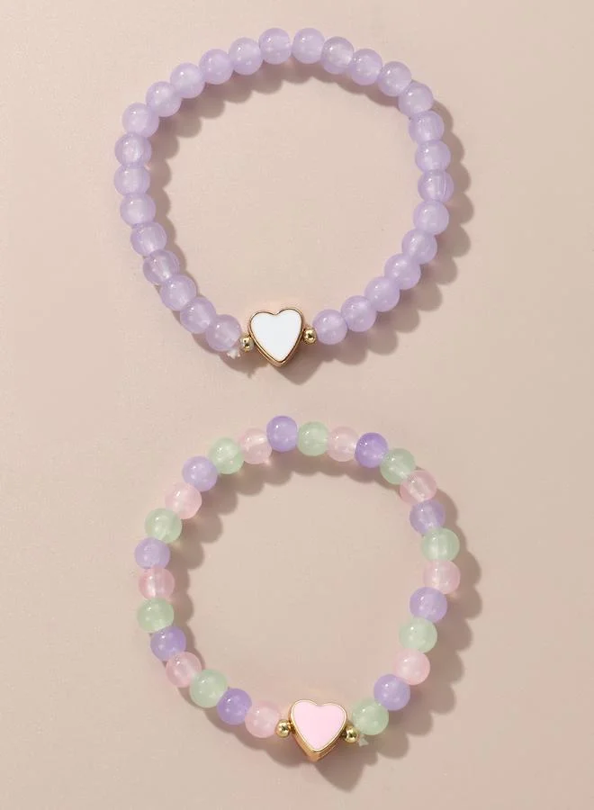 Take Two  Pack of 2 - Girls Multi-Color Pastel Beaded Bracelets With Heart Charms for Women | Best Price UAE
