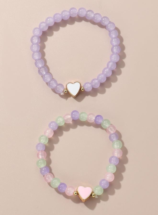 Take Two Pack of 2 - Girls Multi-Color Pastel Beaded Bracelets With Heart Charms - Image 3