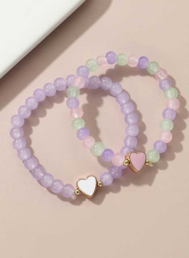 Take Two  Pack of 2 - Girls Multi-Color Pastel Beaded Bracelets With Heart Charms for Women | Best Price UAE