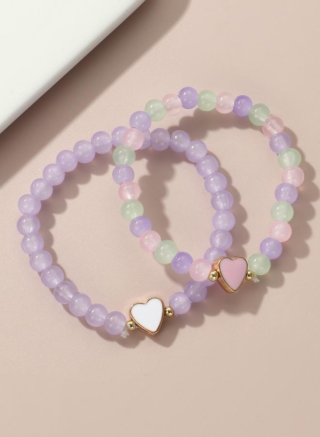 Take Two Pack of 2 - Girls Multi-Color Pastel Beaded Bracelets With Heart Charms - Image 2