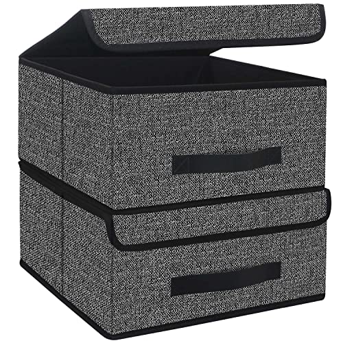 Onlyeasy Foldable Storage Bins Cubes Boxes with Lid - Storage Box Cube Cubby Basket Closet Organizer Pack of Two with Leather Handles for Closet Bedroom, 13"x13", Black, 8MXALB2P - Image 1