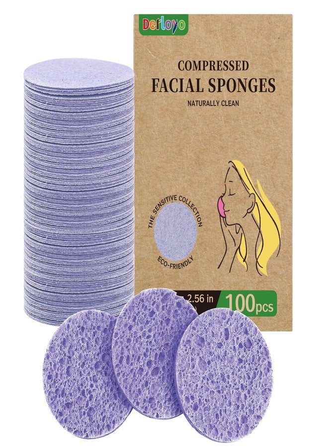 derloyo 100-Count Compressed Facial Sponges for Washing face, Natural Cellulose Cosmetic Makeup Sponge for Facial Cleansing, Slight Exfoliating, Makeup Removal-(Purple Round Sponge) - Image 1