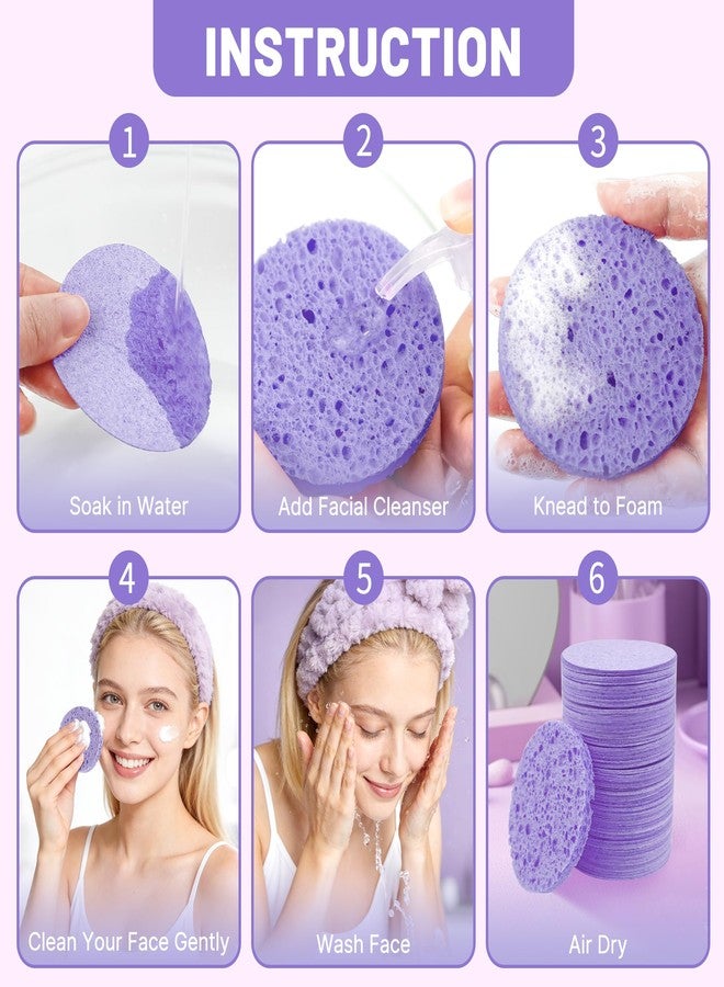 derloyo 100-Count Compressed Facial Sponges for Washing face, Natural Cellulose Cosmetic Makeup Sponge for Facial Cleansing, Slight Exfoliating, Makeup Removal-(Purple Round Sponge) - Image 3