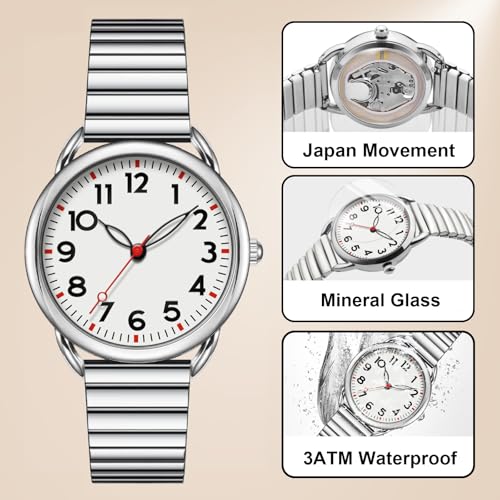 Asan Ge Watch for Women, Expansion Band Fits Various Sizes, Vintage Analog Waterproof, Easy to Read, 1 Watch with 4 Straps - Easy Tool Free Replacement (Silvery) - Image 4