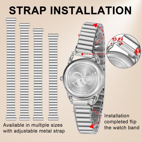 Asan Ge Watch for Women, Expansion Band Fits Various Sizes, Vintage Analog Waterproof, Easy to Read, 1 Watch with 4 Straps - Easy Tool Free Replacement (Silvery) - Image 5