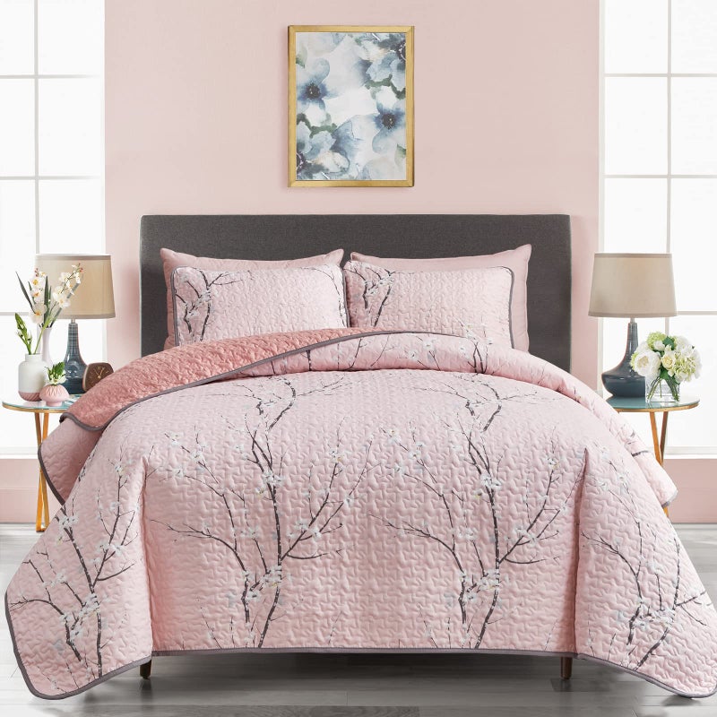UOZZI BEDDING 3 Pieces Reversible Pink Branch Quilt Set King Size 102x88 Soft Microfiber Lightweight Coverlet Bedspread Summer Comforter Set Bed Cover for All Season 1 Quilt 2 Shams