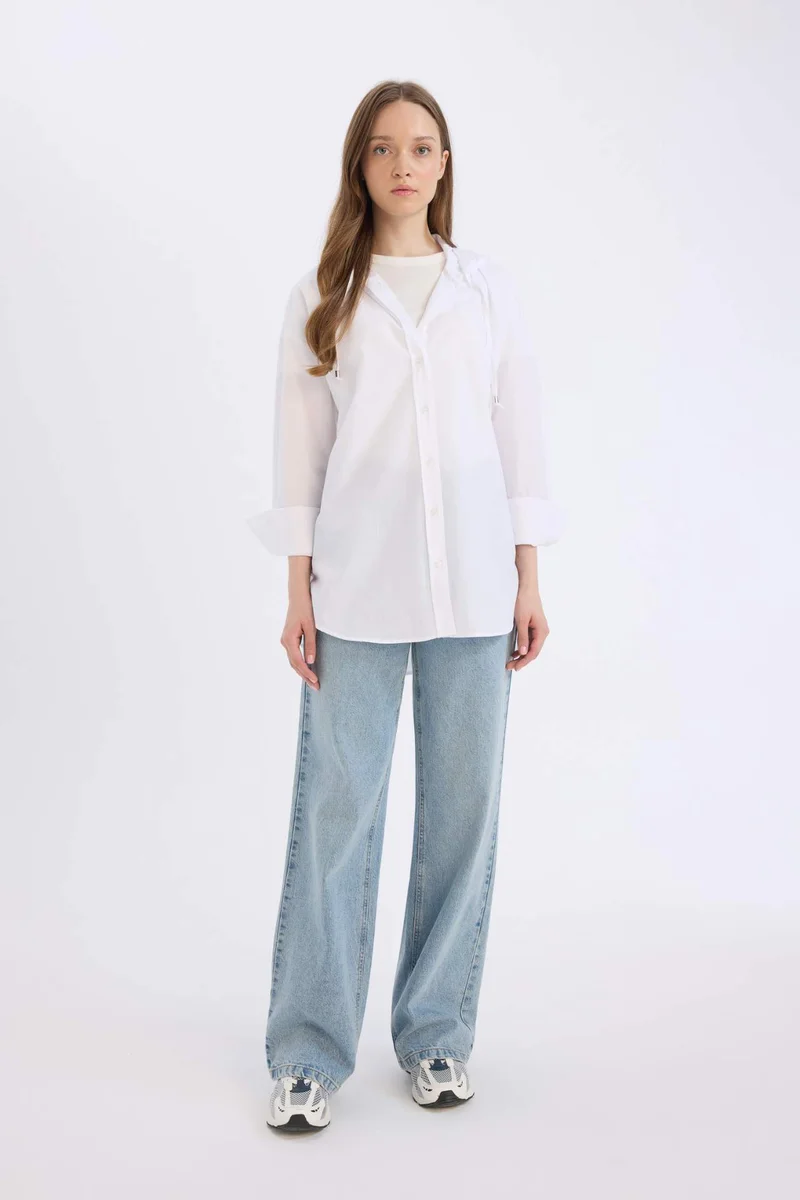 DeFacto Relax Fit Hooded Basic Poplin White Shirt Tunic