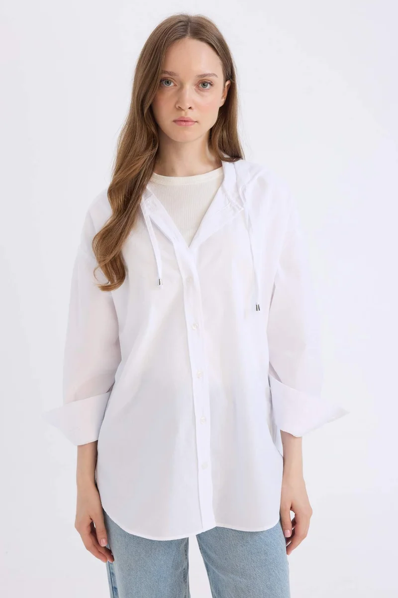 DeFacto Relax Fit Hooded Basic Poplin White Shirt Tunic